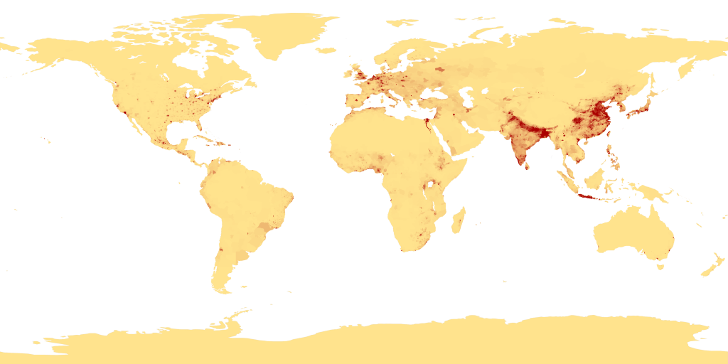 A map of the most densely-populated areas on earth (credit: Wikiepedia)