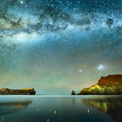 Milky way and rocky coast shot taken at night in New Zealand, long exposure about 2-3 minutes with high ISO.